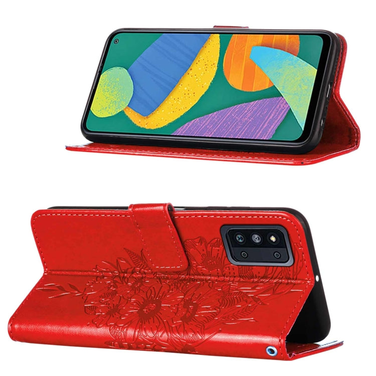 For Samsung Galaxy F52 5G Embossed Butterfly Leather Phone Case with Holder & Card Slot & Wallet & Lanyard