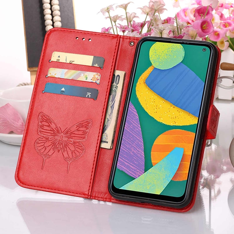 For Samsung Galaxy F52 5G Embossed Butterfly Leather Phone Case with Holder & Card Slot & Wallet & Lanyard