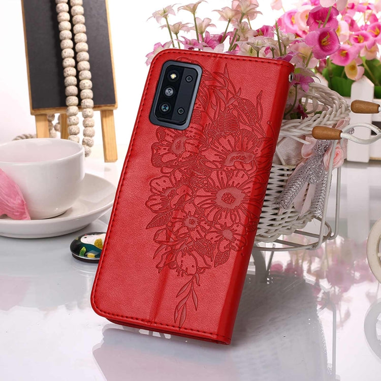 For Samsung Galaxy F52 5G Embossed Butterfly Leather Phone Case with Holder & Card Slot & Wallet & Lanyard