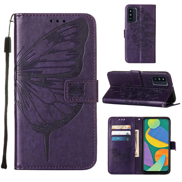 For Samsung Galaxy F52 5G Embossed Butterfly Leather Phone Case with Holder & Card Slot & Wallet & Lanyard