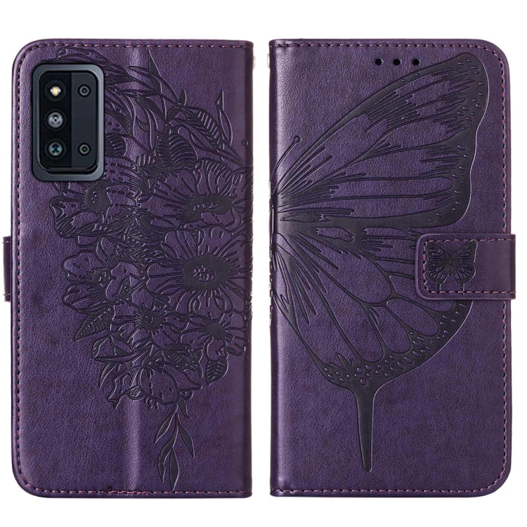 For Samsung Galaxy F52 5G Embossed Butterfly Leather Phone Case with Holder & Card Slot & Wallet & Lanyard