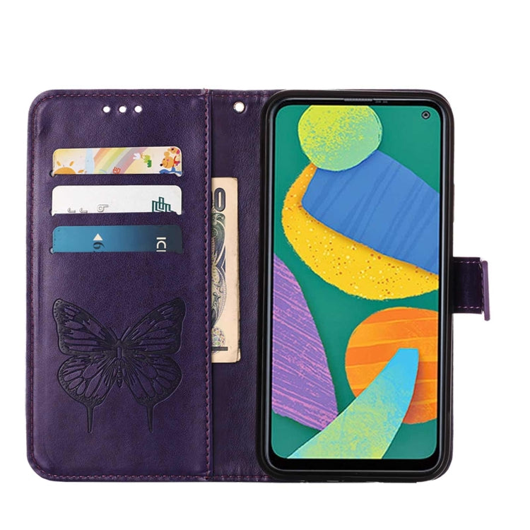 For Samsung Galaxy F52 5G Embossed Butterfly Leather Phone Case with Holder & Card Slot & Wallet & Lanyard