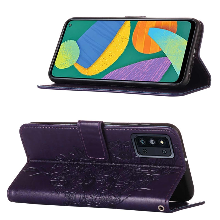 For Samsung Galaxy F52 5G Embossed Butterfly Leather Phone Case with Holder & Card Slot & Wallet & Lanyard
