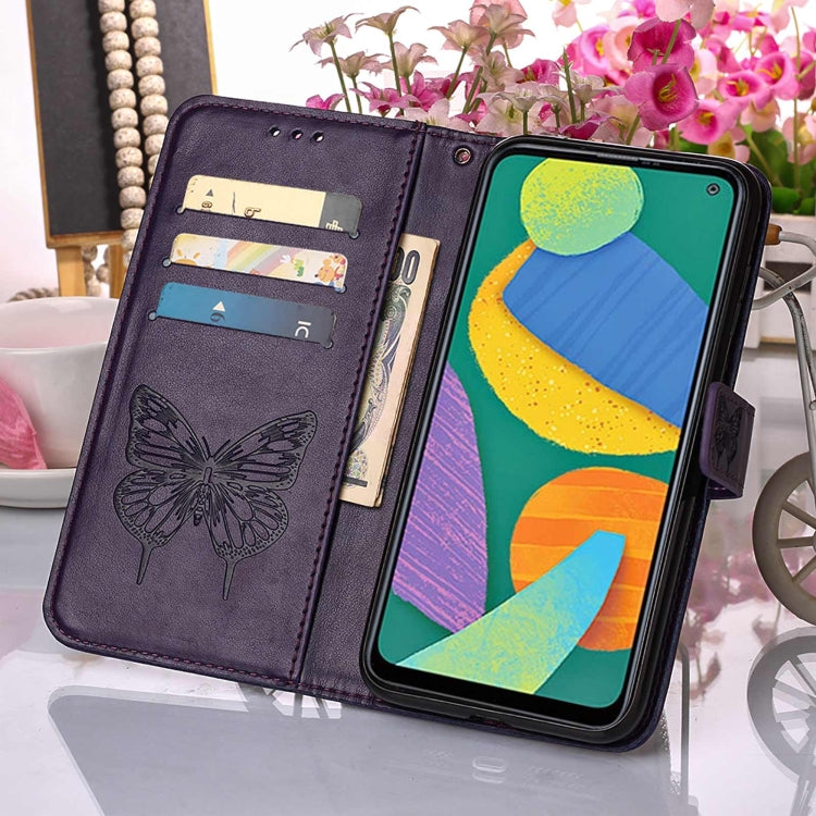 For Samsung Galaxy F52 5G Embossed Butterfly Leather Phone Case with Holder & Card Slot & Wallet & Lanyard