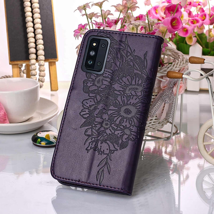 For Samsung Galaxy F52 5G Embossed Butterfly Leather Phone Case with Holder & Card Slot & Wallet & Lanyard