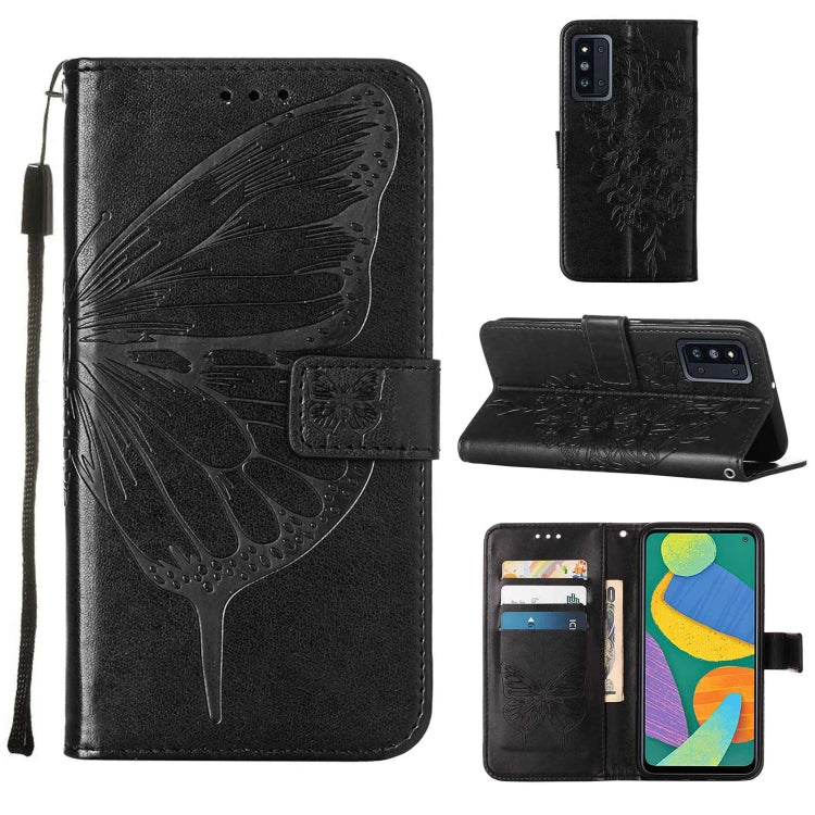 For Samsung Galaxy F52 5G Embossed Butterfly Leather Phone Case with Holder & Card Slot & Wallet & Lanyard