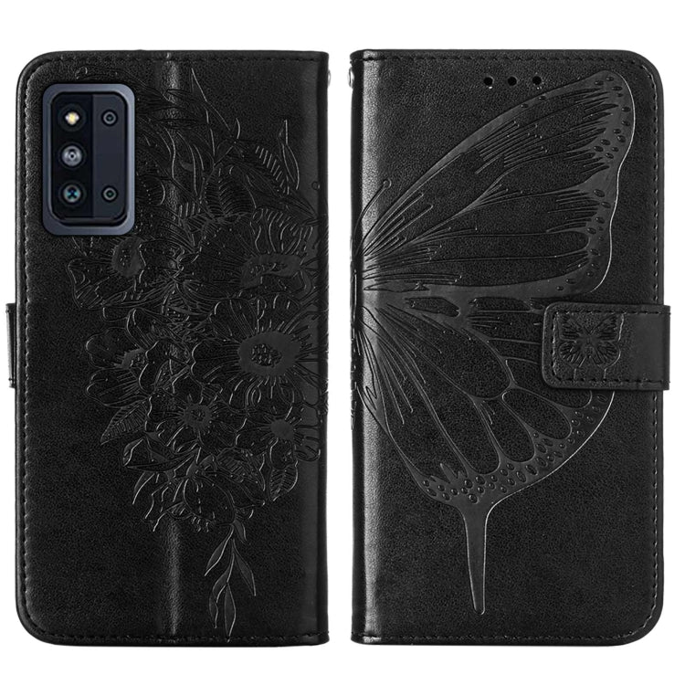 For Samsung Galaxy F52 5G Embossed Butterfly Leather Phone Case with Holder & Card Slot & Wallet & Lanyard
