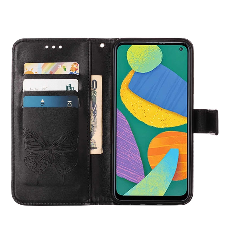 For Samsung Galaxy F52 5G Embossed Butterfly Leather Phone Case with Holder & Card Slot & Wallet & Lanyard