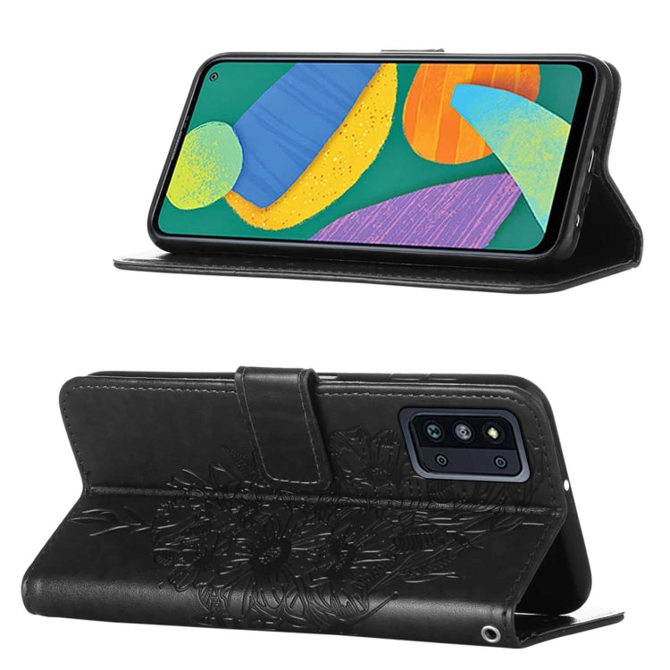 For Samsung Galaxy F52 5G Embossed Butterfly Leather Phone Case with Holder & Card Slot & Wallet & Lanyard