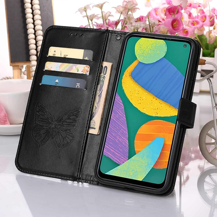 For Samsung Galaxy F52 5G Embossed Butterfly Leather Phone Case with Holder & Card Slot & Wallet & Lanyard