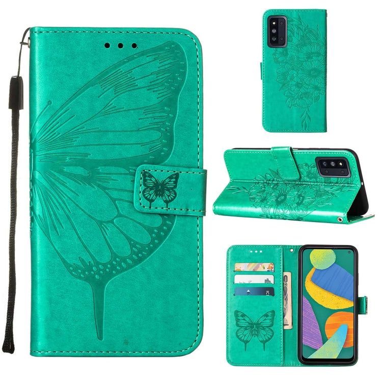 For Samsung Galaxy F52 5G Embossed Butterfly Leather Phone Case with Holder & Card Slot & Wallet & Lanyard