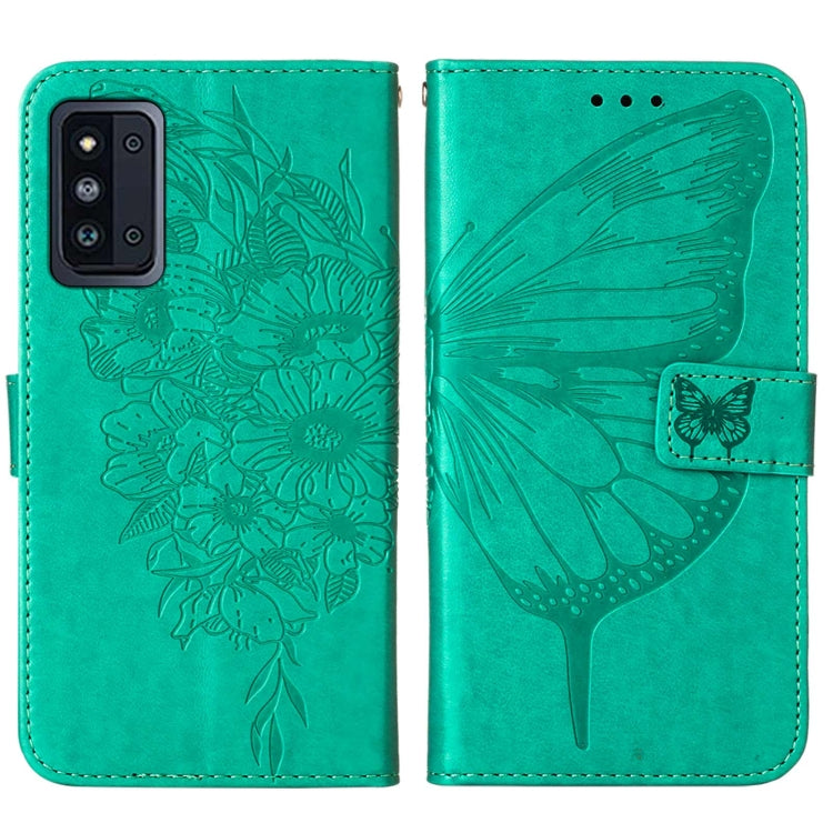 For Samsung Galaxy F52 5G Embossed Butterfly Leather Phone Case with Holder & Card Slot & Wallet & Lanyard