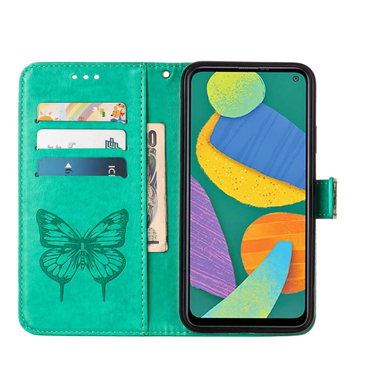 For Samsung Galaxy F52 5G Embossed Butterfly Leather Phone Case with Holder & Card Slot & Wallet & Lanyard