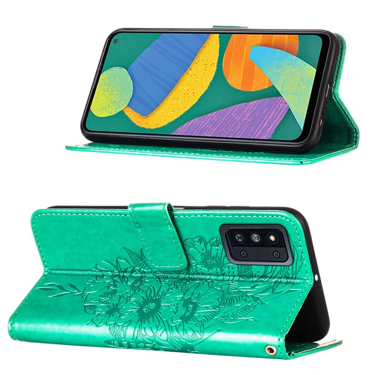 For Samsung Galaxy F52 5G Embossed Butterfly Leather Phone Case with Holder & Card Slot & Wallet & Lanyard