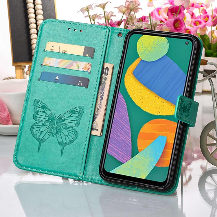 For Samsung Galaxy F52 5G Embossed Butterfly Leather Phone Case with Holder & Card Slot & Wallet & Lanyard