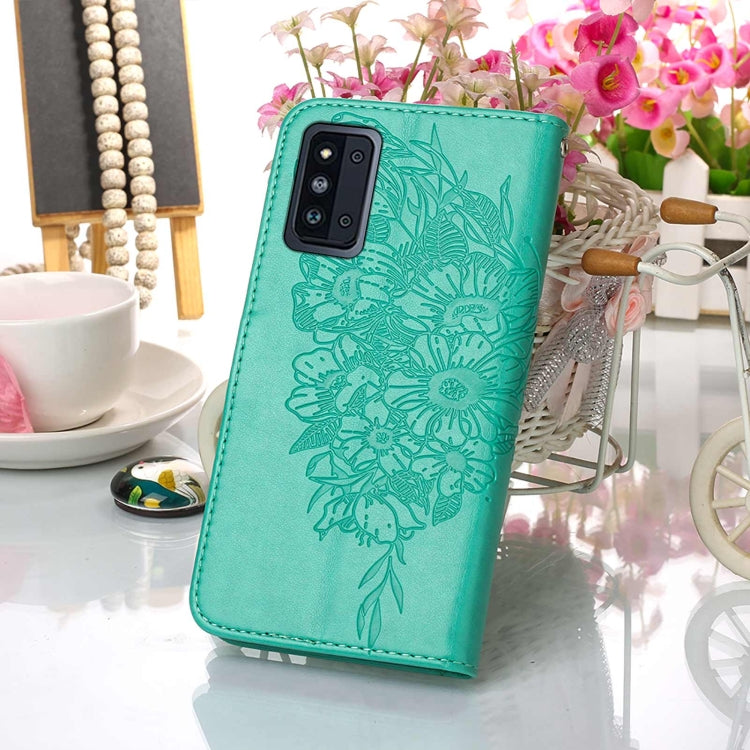 For Samsung Galaxy F52 5G Embossed Butterfly Leather Phone Case with Holder & Card Slot & Wallet & Lanyard