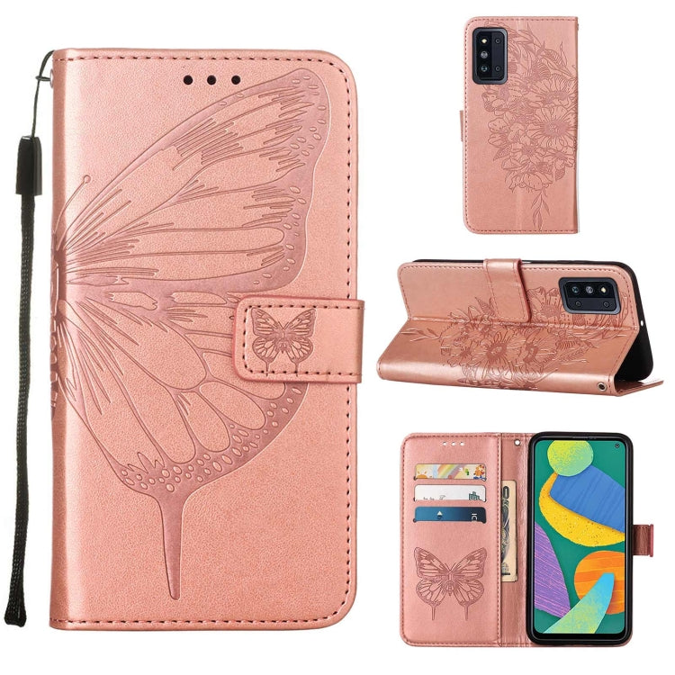 For Samsung Galaxy F52 5G Embossed Butterfly Leather Phone Case with Holder & Card Slot & Wallet & Lanyard