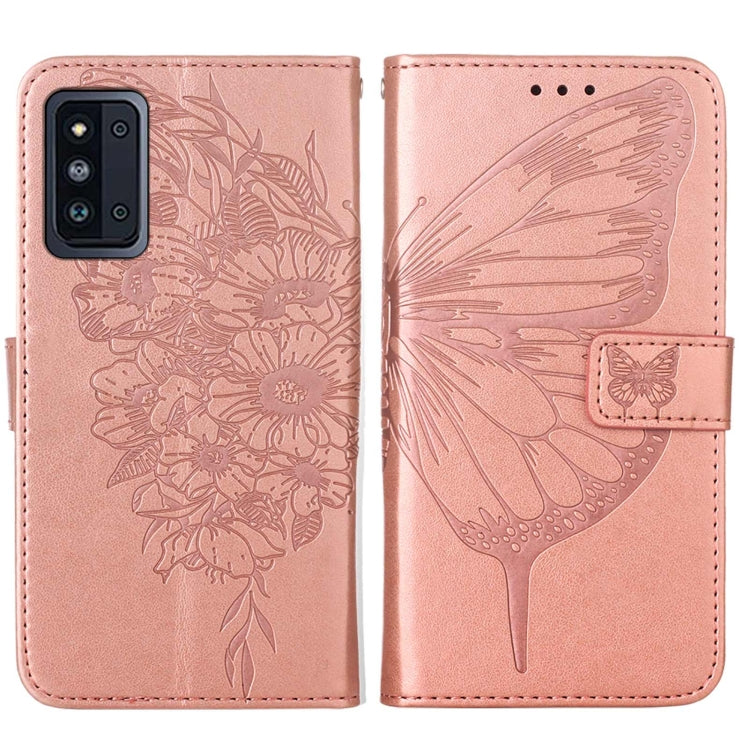 For Samsung Galaxy F52 5G Embossed Butterfly Leather Phone Case with Holder & Card Slot & Wallet & Lanyard
