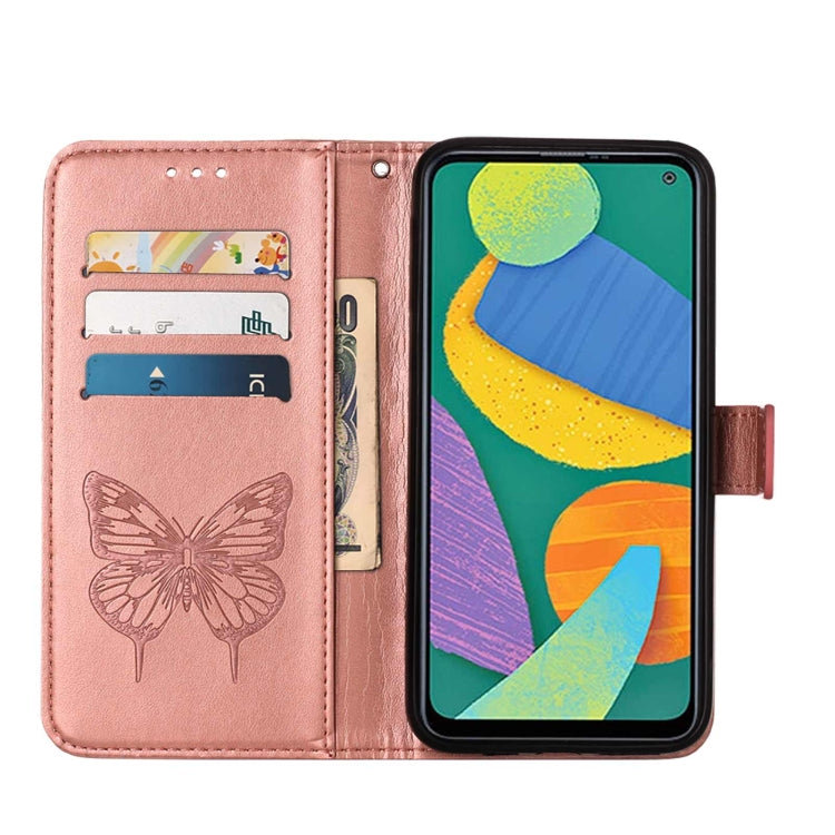 For Samsung Galaxy F52 5G Embossed Butterfly Leather Phone Case with Holder & Card Slot & Wallet & Lanyard