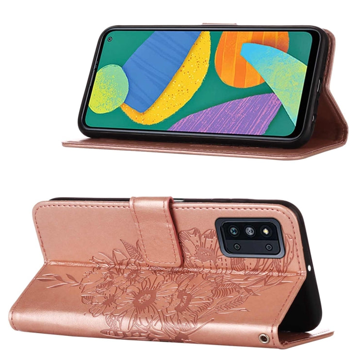 For Samsung Galaxy F52 5G Embossed Butterfly Leather Phone Case with Holder & Card Slot & Wallet & Lanyard