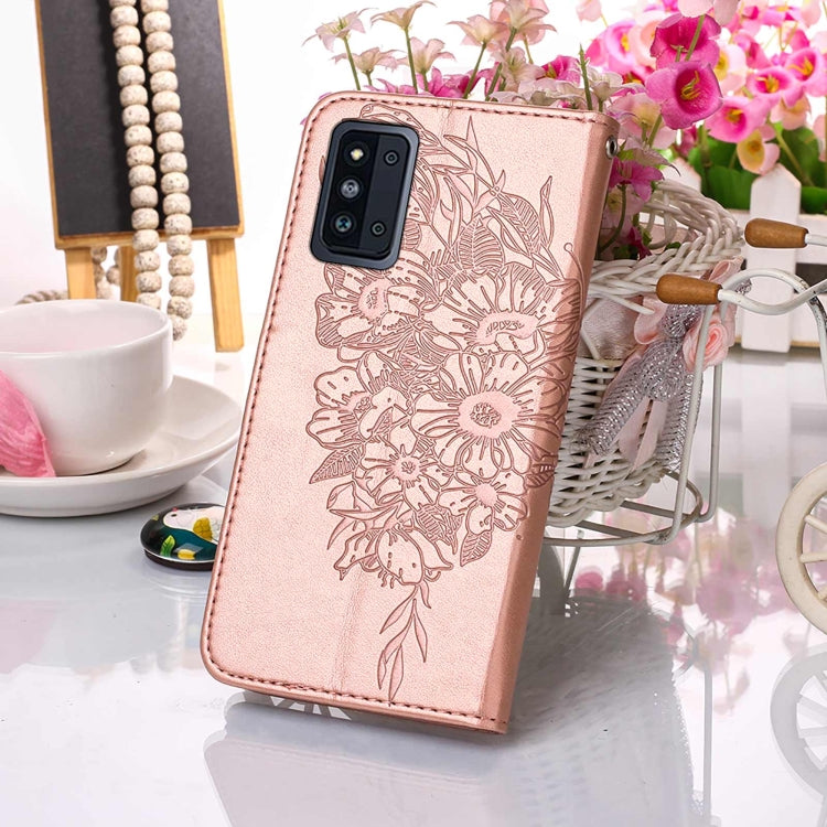 For Samsung Galaxy F52 5G Embossed Butterfly Leather Phone Case with Holder & Card Slot & Wallet & Lanyard