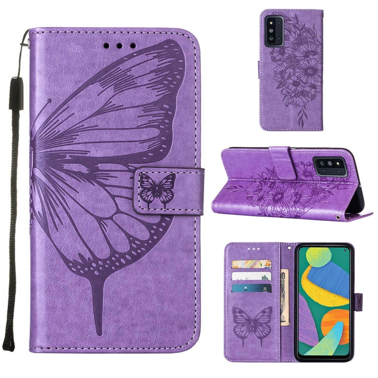 For Samsung Galaxy F52 5G Embossed Butterfly Leather Phone Case with Holder & Card Slot & Wallet & Lanyard
