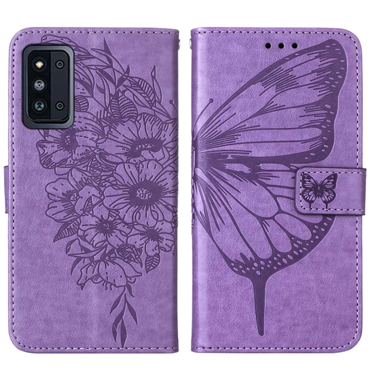 For Samsung Galaxy F52 5G Embossed Butterfly Leather Phone Case with Holder & Card Slot & Wallet & Lanyard