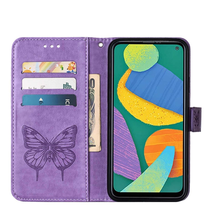 For Samsung Galaxy F52 5G Embossed Butterfly Leather Phone Case with Holder & Card Slot & Wallet & Lanyard