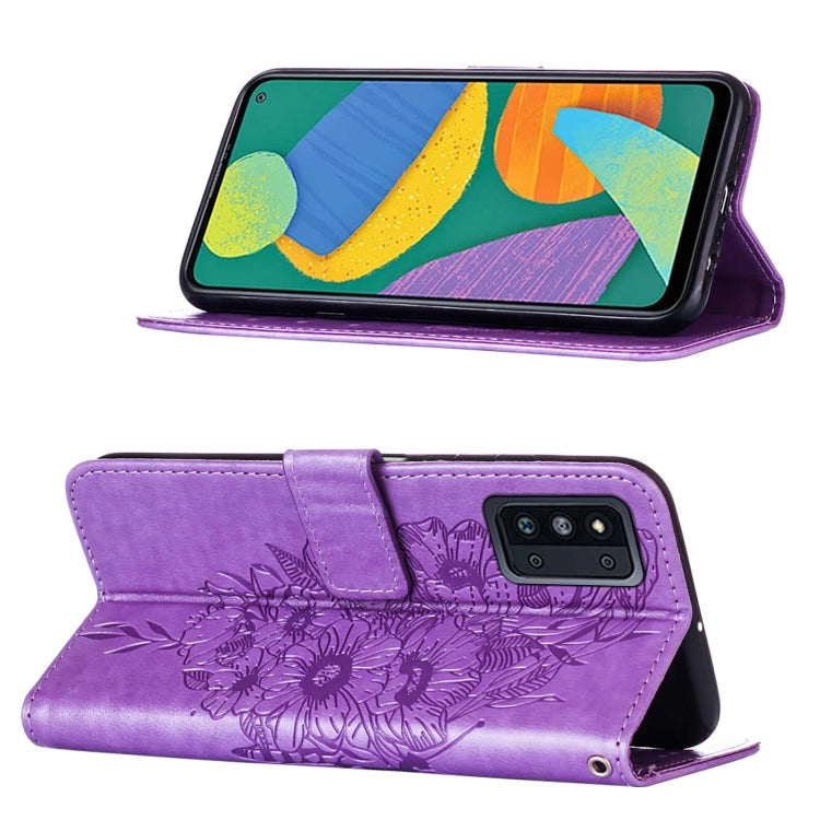 For Samsung Galaxy F52 5G Embossed Butterfly Leather Phone Case with Holder & Card Slot & Wallet & Lanyard