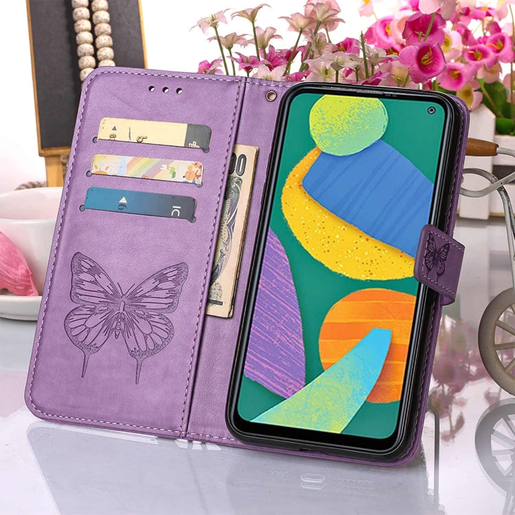 For Samsung Galaxy F52 5G Embossed Butterfly Leather Phone Case with Holder & Card Slot & Wallet & Lanyard