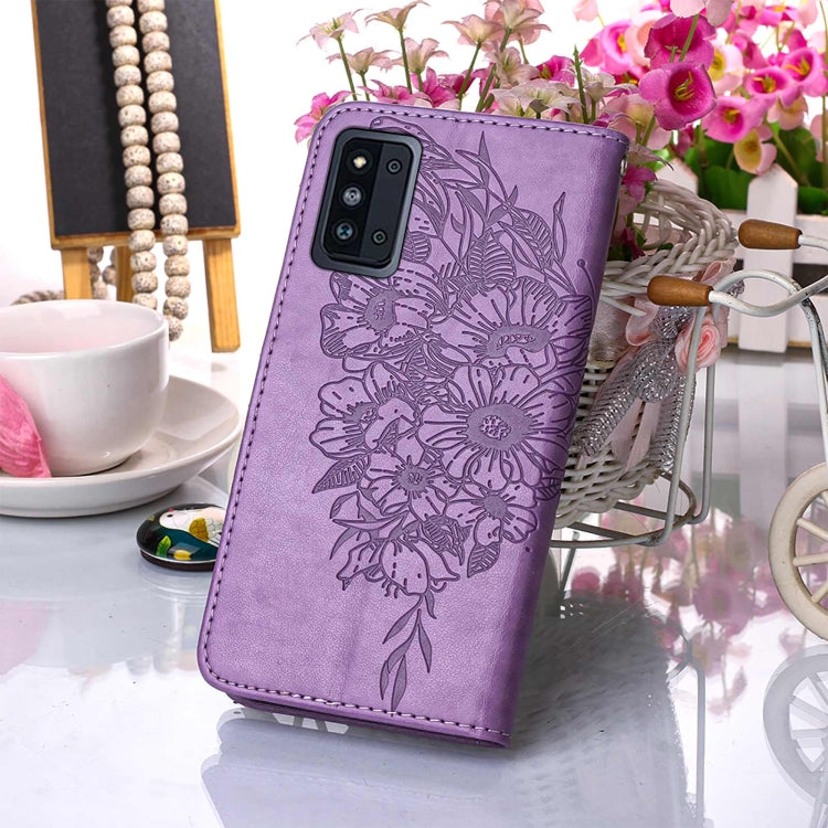 For Samsung Galaxy F52 5G Embossed Butterfly Leather Phone Case with Holder & Card Slot & Wallet & Lanyard