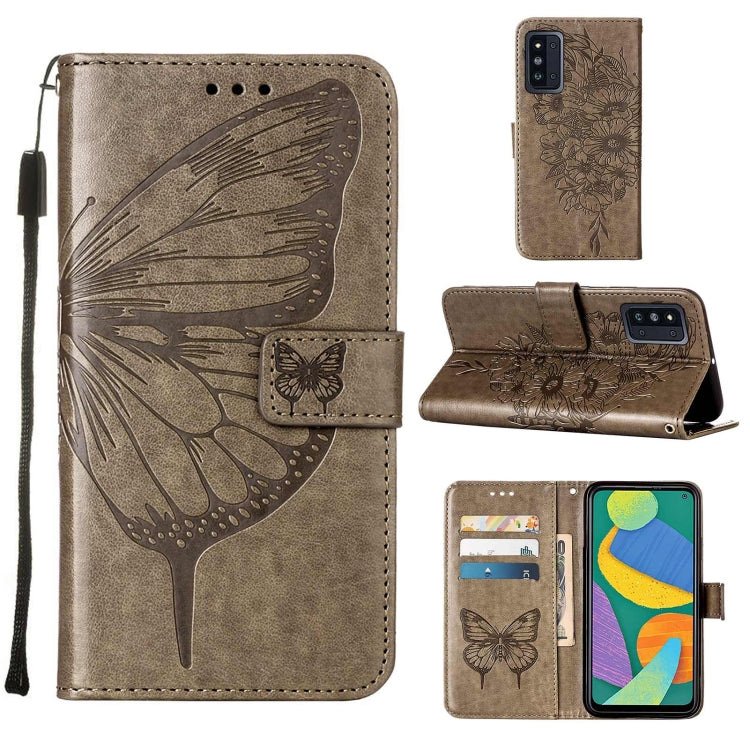 For Samsung Galaxy F52 5G Embossed Butterfly Leather Phone Case with Holder & Card Slot & Wallet & Lanyard