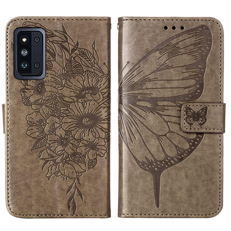 For Samsung Galaxy F52 5G Embossed Butterfly Leather Phone Case with Holder & Card Slot & Wallet & Lanyard