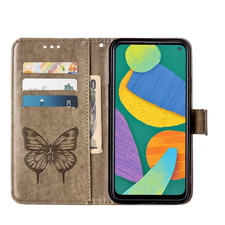 For Samsung Galaxy F52 5G Embossed Butterfly Leather Phone Case with Holder & Card Slot & Wallet & Lanyard