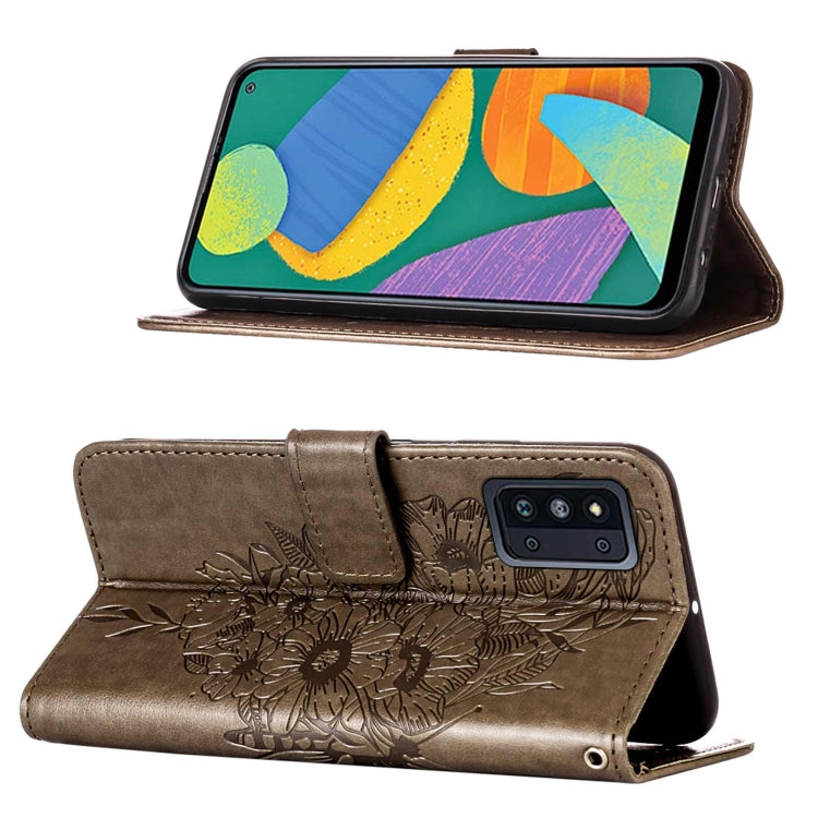 For Samsung Galaxy F52 5G Embossed Butterfly Leather Phone Case with Holder & Card Slot & Wallet & Lanyard