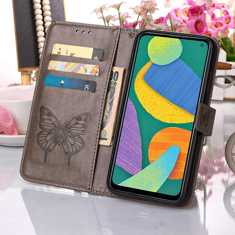 For Samsung Galaxy F52 5G Embossed Butterfly Leather Phone Case with Holder & Card Slot & Wallet & Lanyard