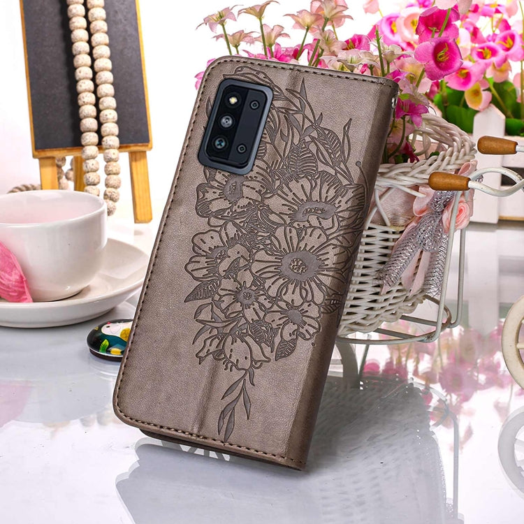 For Samsung Galaxy F52 5G Embossed Butterfly Leather Phone Case with Holder & Card Slot & Wallet & Lanyard
