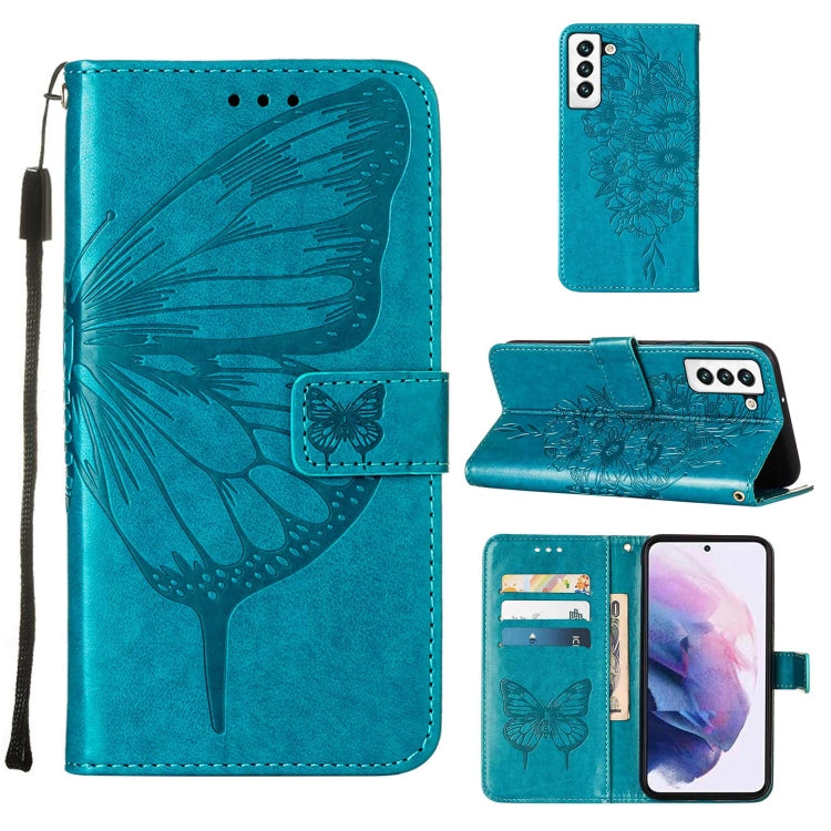 For Samsung Galaxy S22 5G Embossed Butterfly Leather Phone Case with Holder & Card Slot & Wallet & Lanyard
