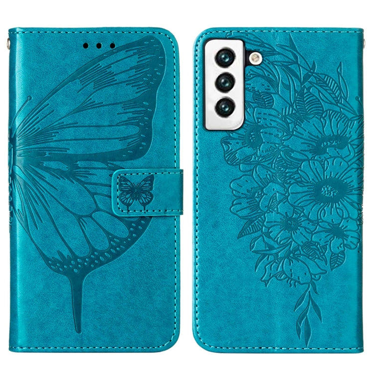 For Samsung Galaxy S22 5G Embossed Butterfly Leather Phone Case with Holder & Card Slot & Wallet & Lanyard