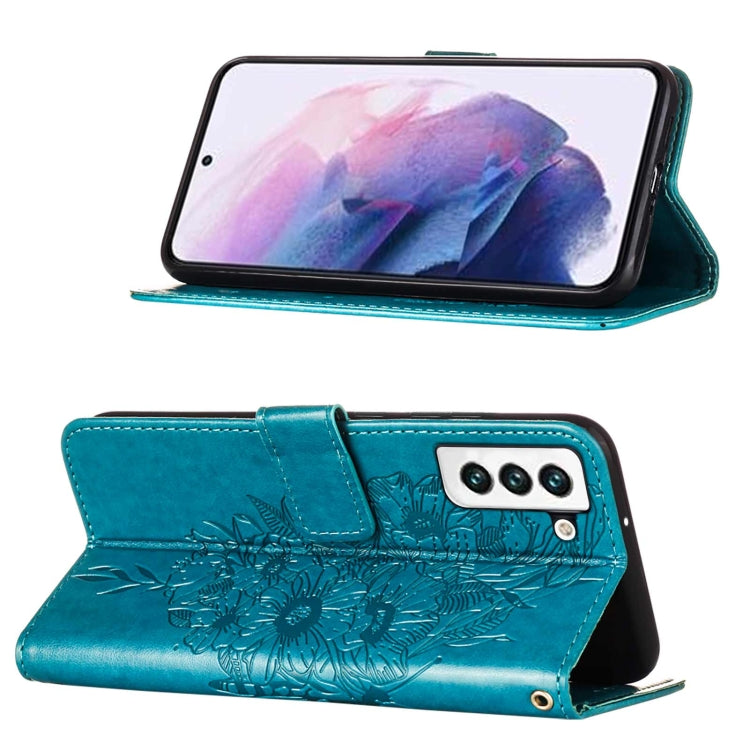 For Samsung Galaxy S22 5G Embossed Butterfly Leather Phone Case with Holder & Card Slot & Wallet & Lanyard