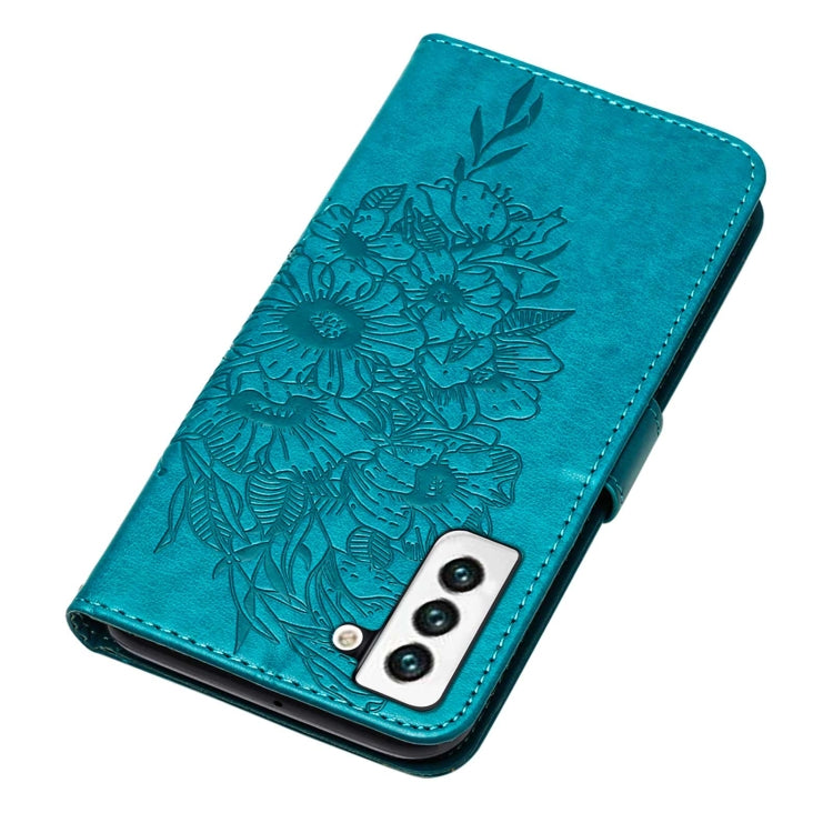 For Samsung Galaxy S22 5G Embossed Butterfly Leather Phone Case with Holder & Card Slot & Wallet & Lanyard