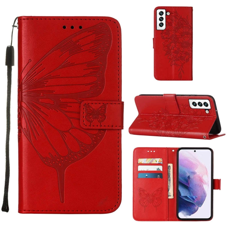 For Samsung Galaxy S22 5G Embossed Butterfly Leather Phone Case with Holder & Card Slot & Wallet & Lanyard