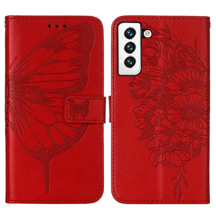 For Samsung Galaxy S22 5G Embossed Butterfly Leather Phone Case with Holder & Card Slot & Wallet & Lanyard