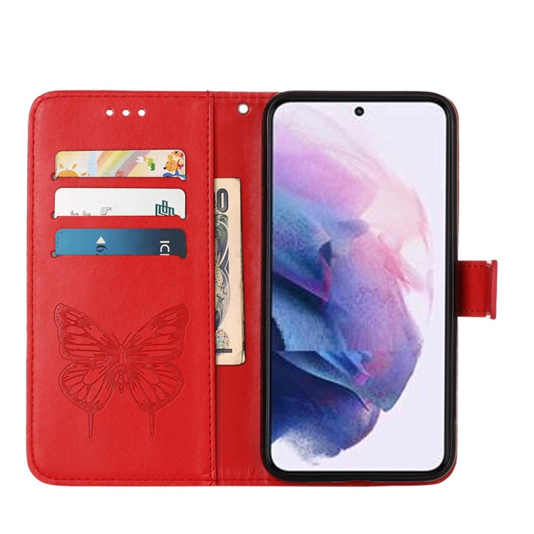 For Samsung Galaxy S22 5G Embossed Butterfly Leather Phone Case with Holder & Card Slot & Wallet & Lanyard