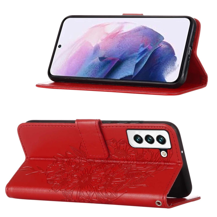 For Samsung Galaxy S22 5G Embossed Butterfly Leather Phone Case with Holder & Card Slot & Wallet & Lanyard