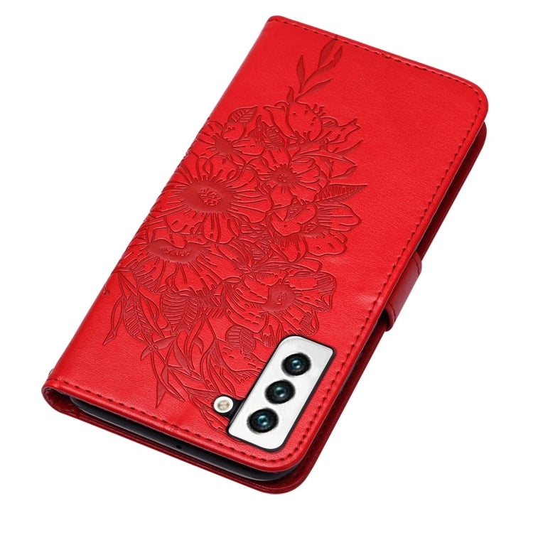 For Samsung Galaxy S22 5G Embossed Butterfly Leather Phone Case with Holder & Card Slot & Wallet & Lanyard