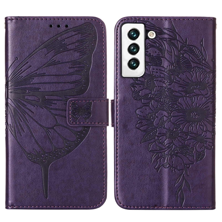 For Samsung Galaxy S22 5G Embossed Butterfly Leather Phone Case with Holder & Card Slot & Wallet & Lanyard