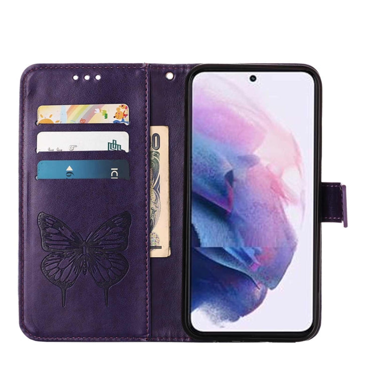 For Samsung Galaxy S22 5G Embossed Butterfly Leather Phone Case with Holder & Card Slot & Wallet & Lanyard