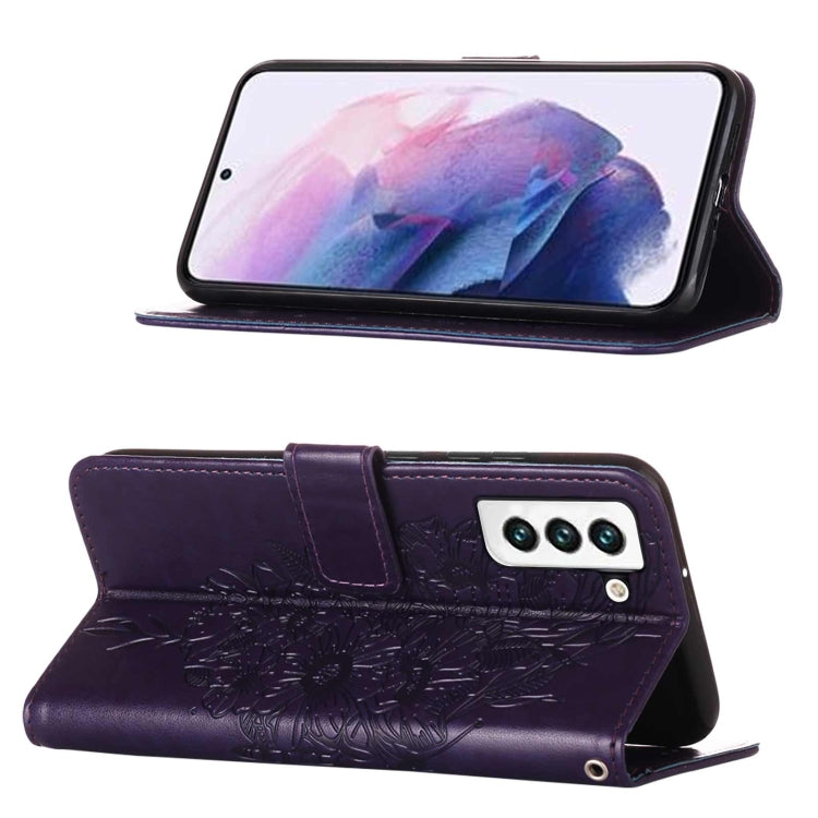 For Samsung Galaxy S22 5G Embossed Butterfly Leather Phone Case with Holder & Card Slot & Wallet & Lanyard