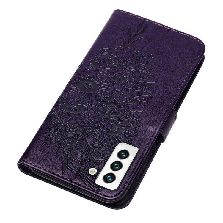 For Samsung Galaxy S22 5G Embossed Butterfly Leather Phone Case with Holder & Card Slot & Wallet & Lanyard